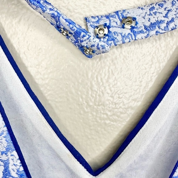 NWT Lucy Paris V Neck Velvet Trimmed Blue Printed Dress - Picture 4 of 8